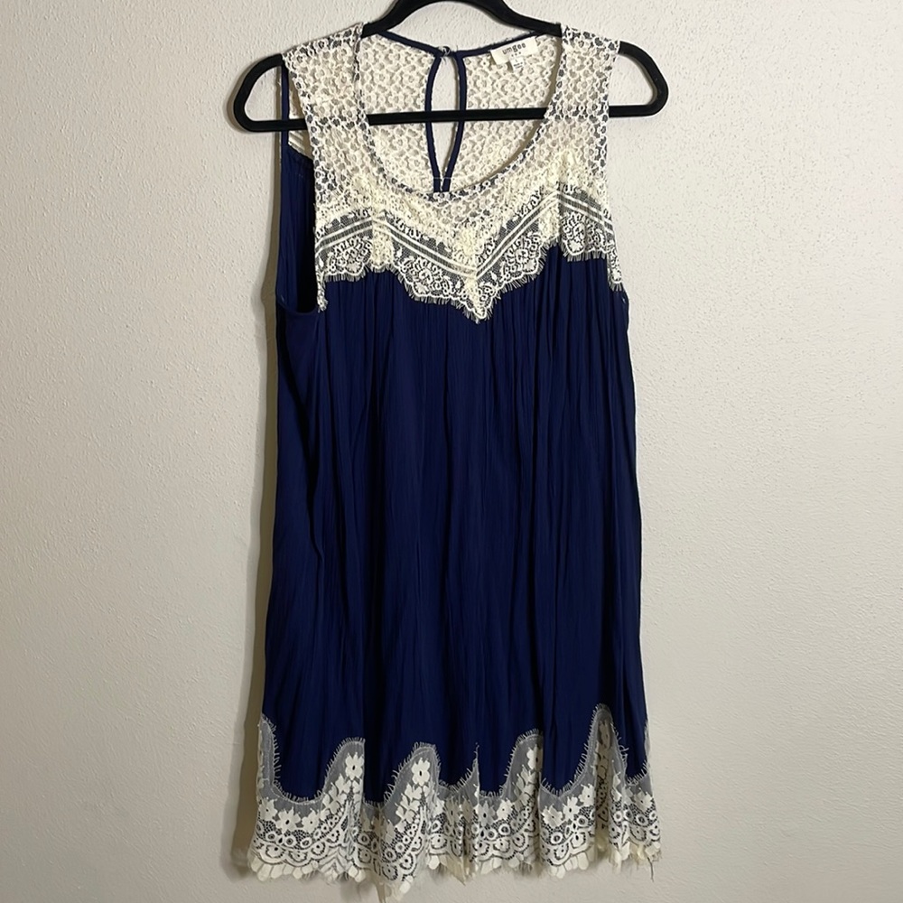 Navy dress with cream lace detail